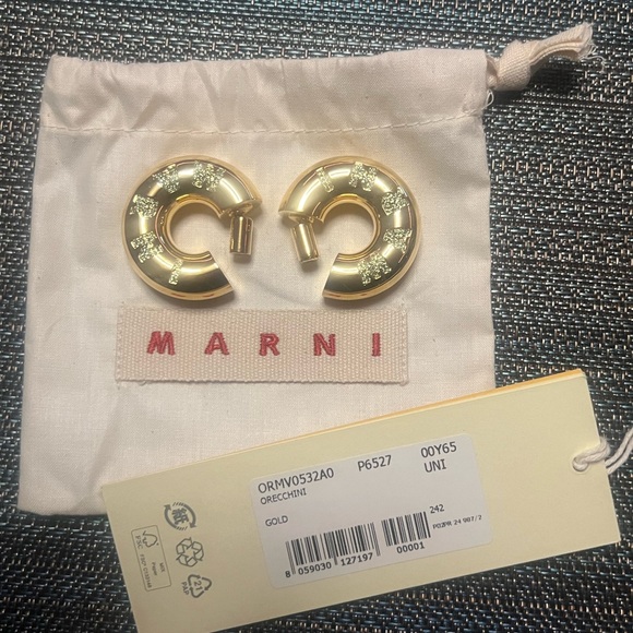 MARNI Gold Logo Hoop Earrings w/Green Stones - Box, Dust Bag, & Tag- Retail $935 - Picture 4 of 6